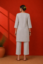 Green Striped Cotton Printed Kurta Set