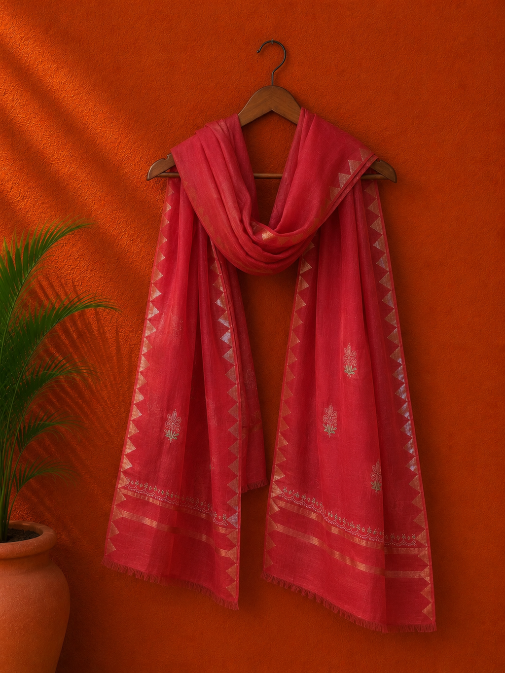 Rust Chanderi Chikankari Dupatta