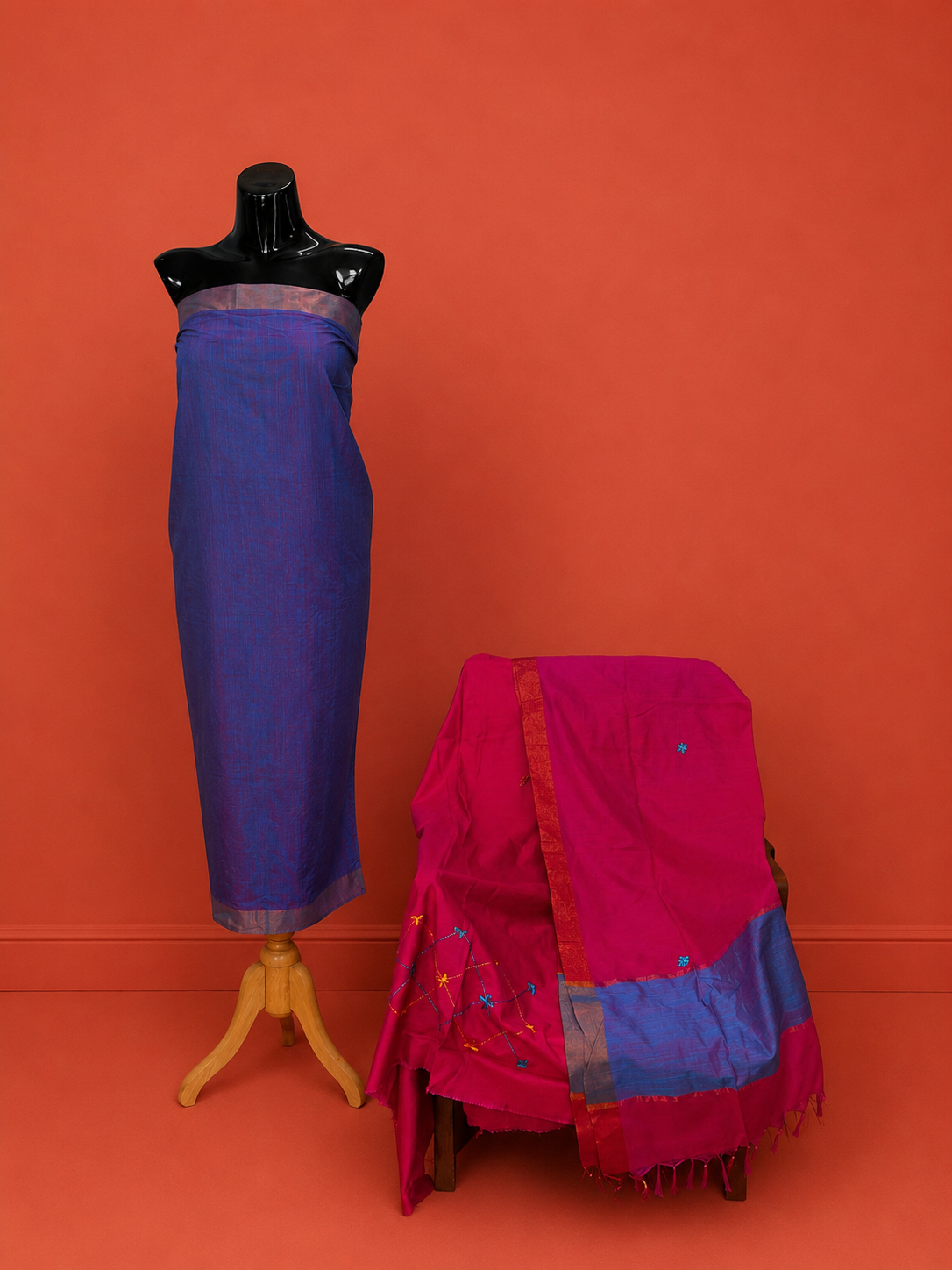 Blue Silk Embroidered 3 Pc Dress Material