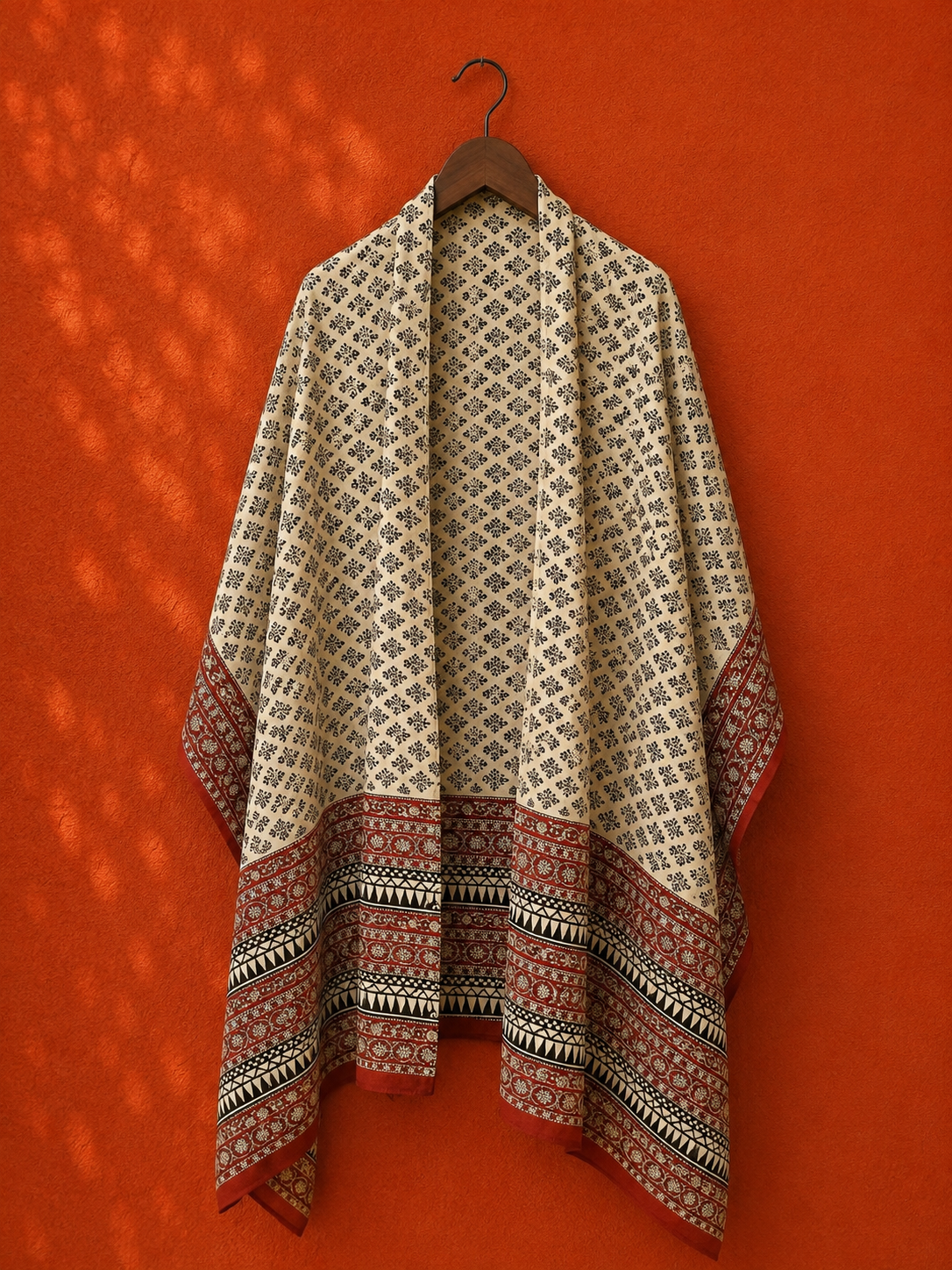 Beige & Rust Bagru Hand Block Print Cotton Dupatta