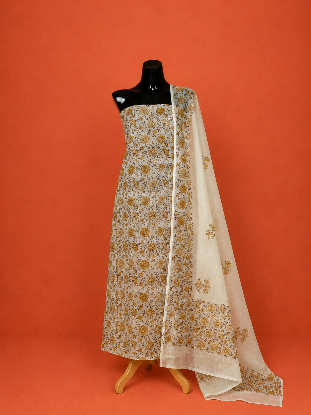 Yellow Kota Doria Block Print 2 Pc Dress Material
