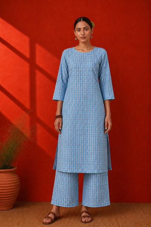Blue Cotton Khadi Kurta Set