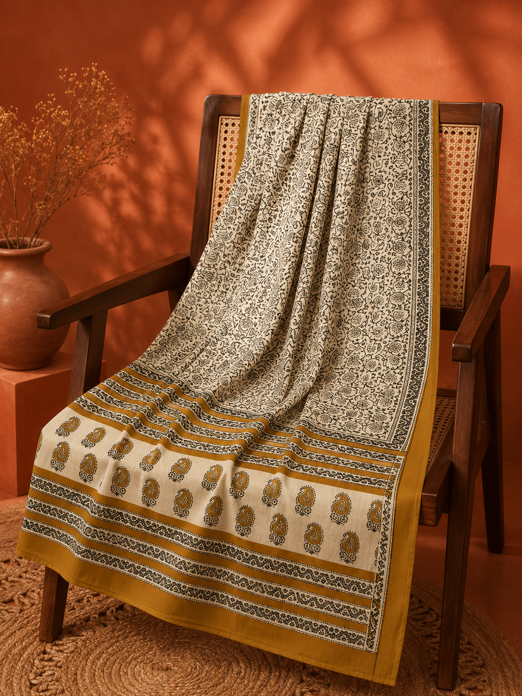Yellow Cotton Bagru Print Dupatta