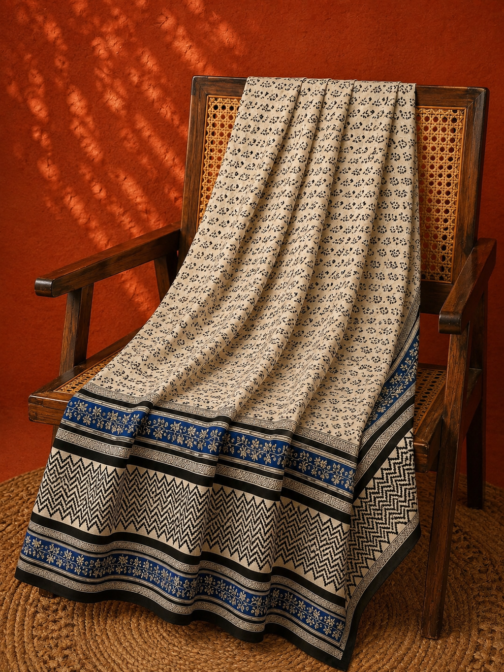 Beige & Indigo Bagru Hand Block Print Cotton Dupatta