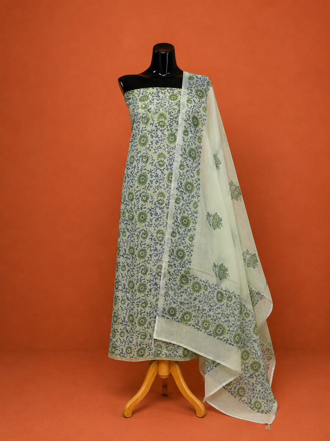 Green Kota Doria Block Print 2 Pc Dress Material