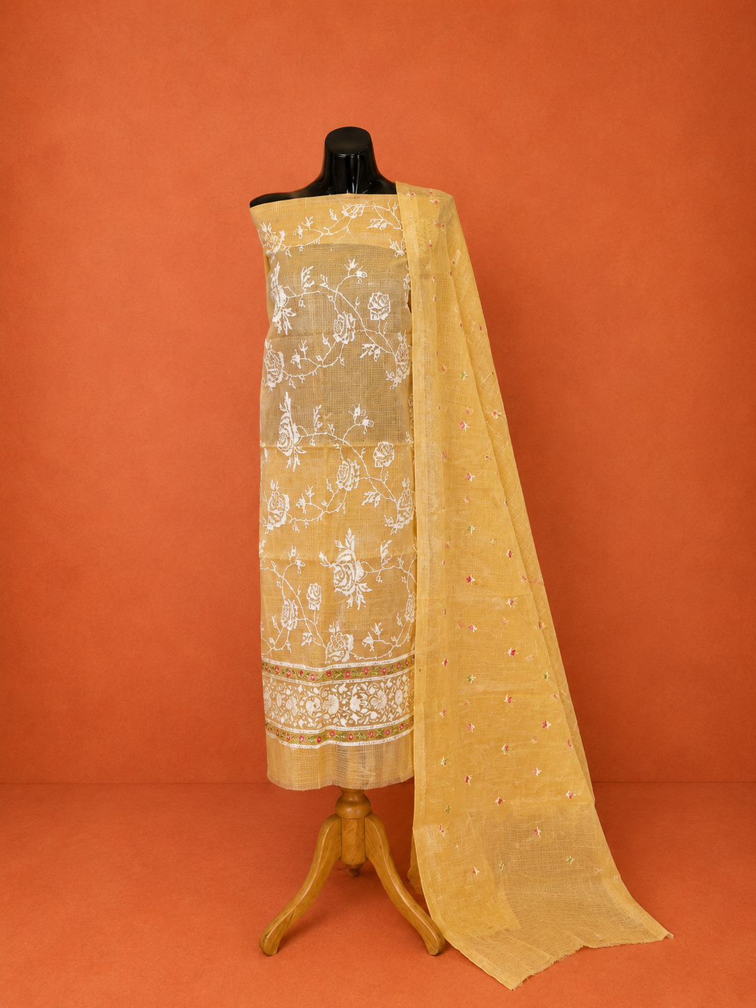 Yellow Kota Doria Embroidered 2 Pc Dress Material