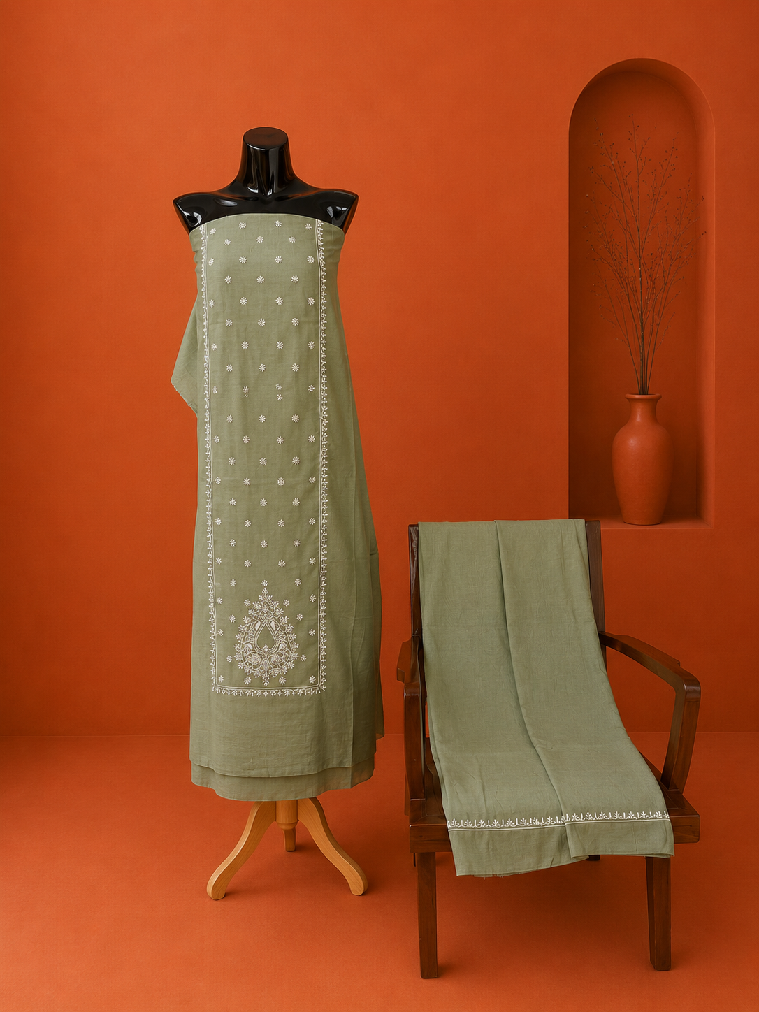 Green Chanderi Chikankari 2 Pc Dress Material