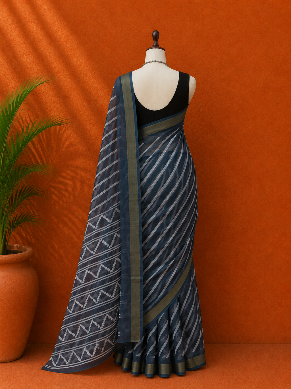 Black Chanderi Printed Sari