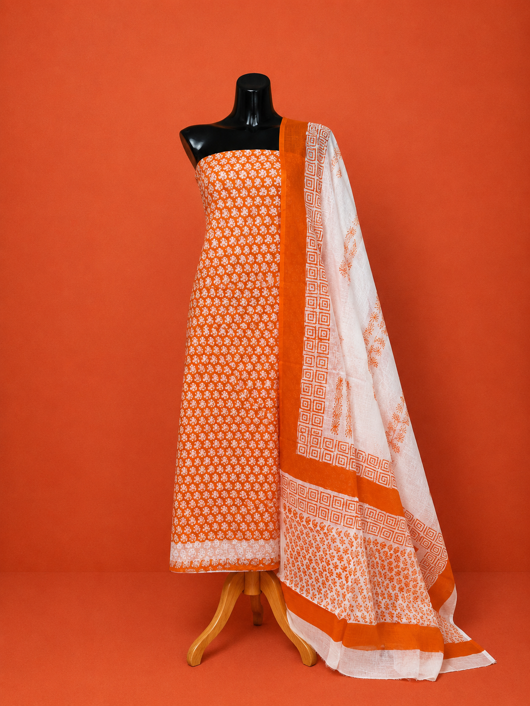 Orange Kota Doria Block Print 2 Pc Dress Material
