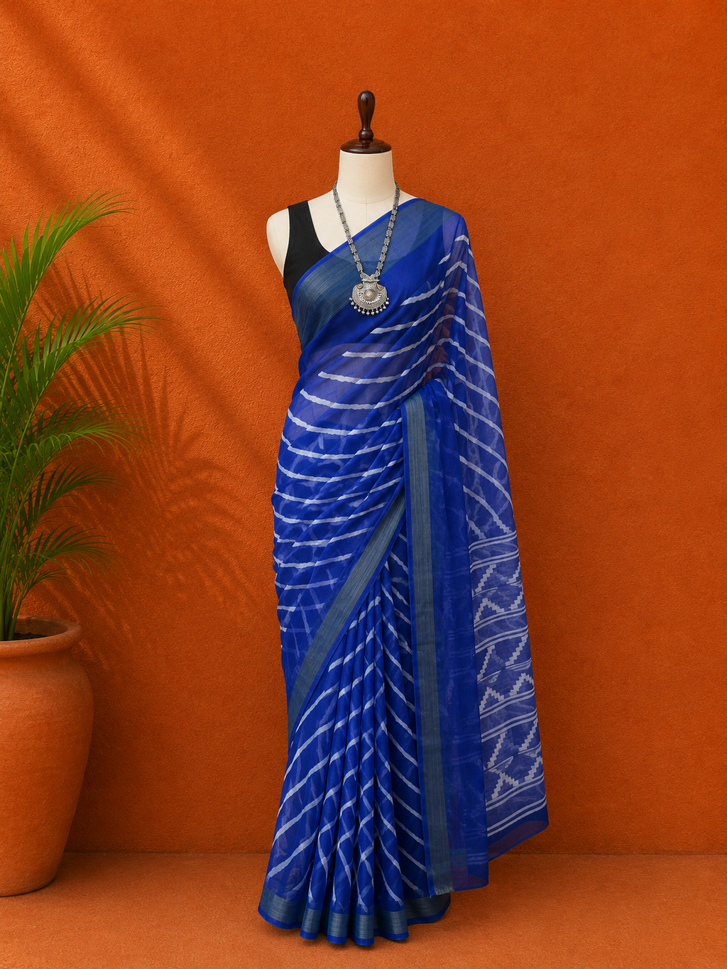 Blue Chanderi Printed Sari