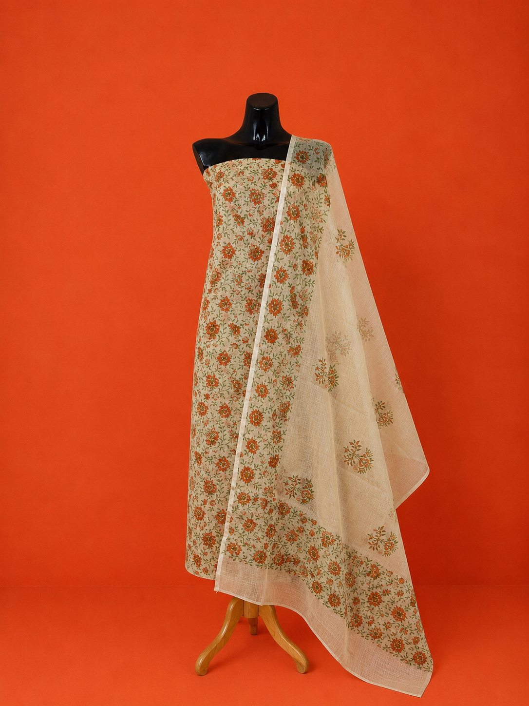 Orange Kota Doria Block Print 2 Pc Dress Material