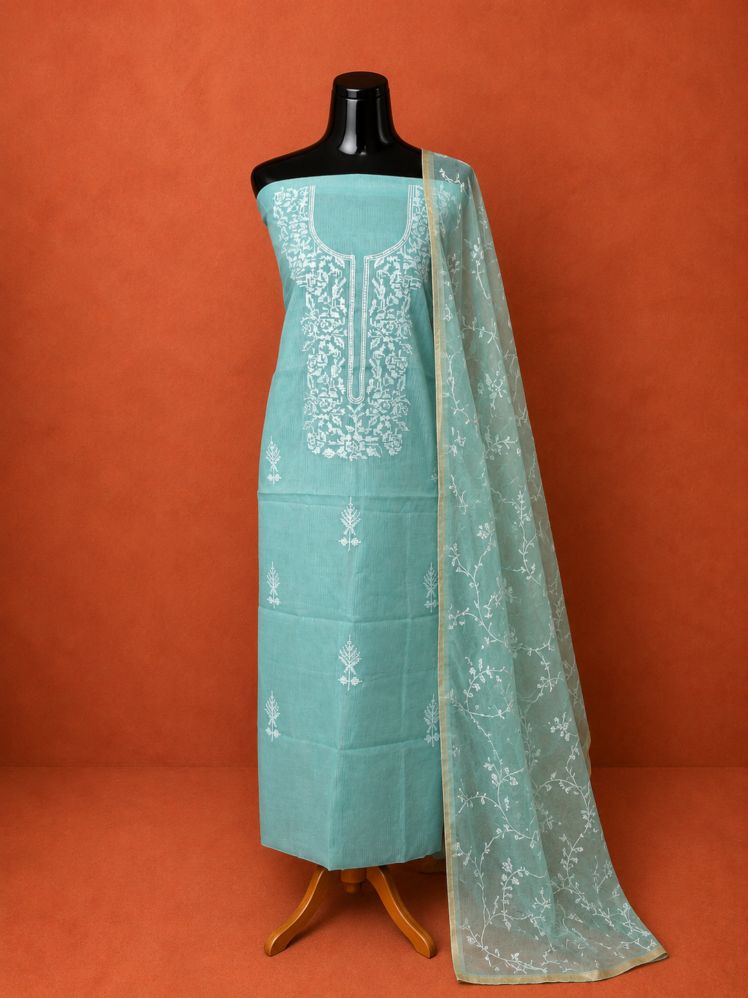 Blue Kota Doria Embroidered 2 Pc Dress Material