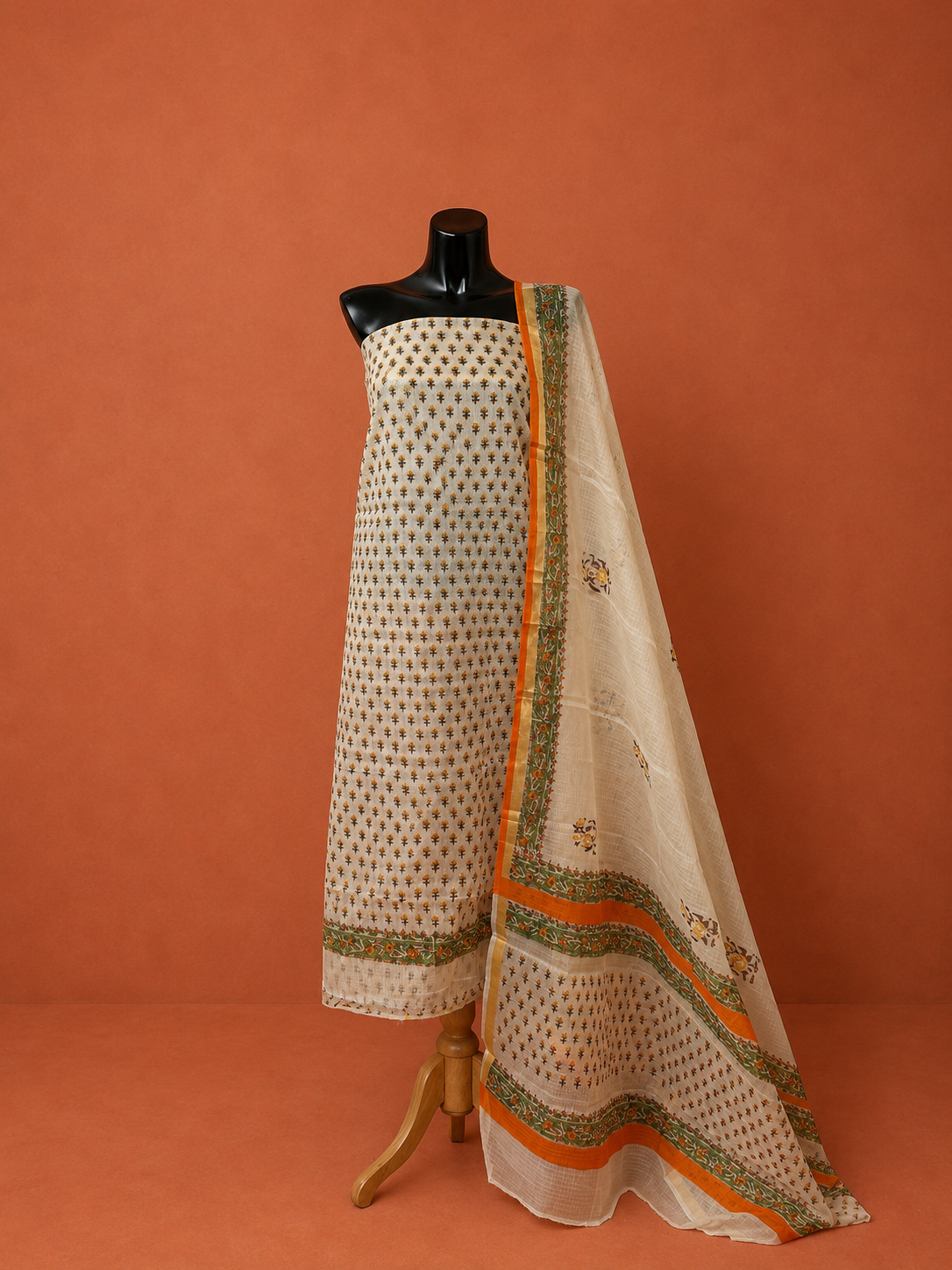 Yellow Kota Doria Block Print 2Pc Dress Material