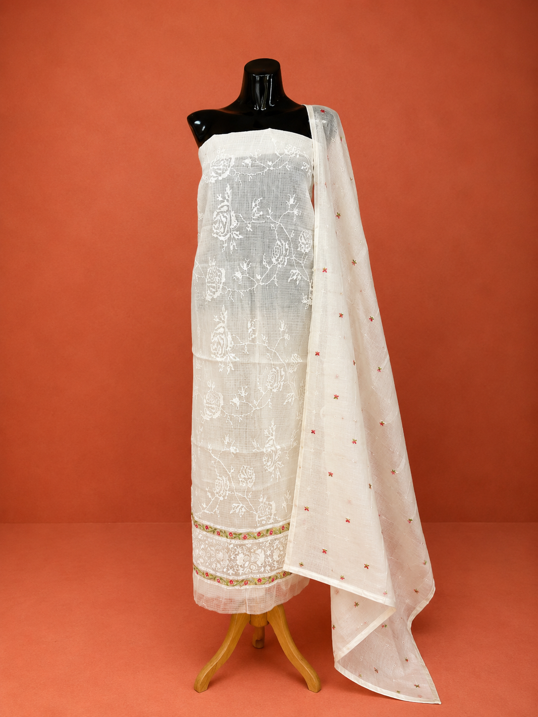 White Kota Doria Embroidered 2 Pc Dress Material