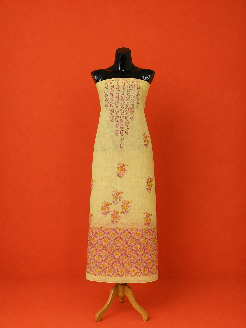 Orange Kota Doria Block Print 2 Pc Dress Material