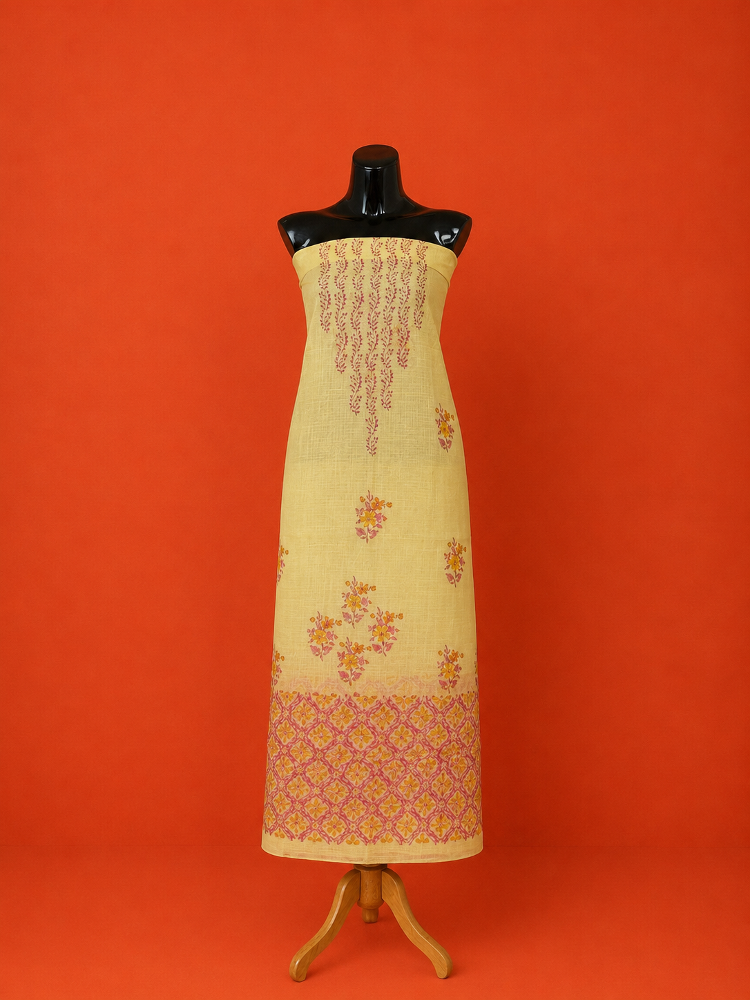 Orange Kota Doria Block Print 2 Pc Dress Material