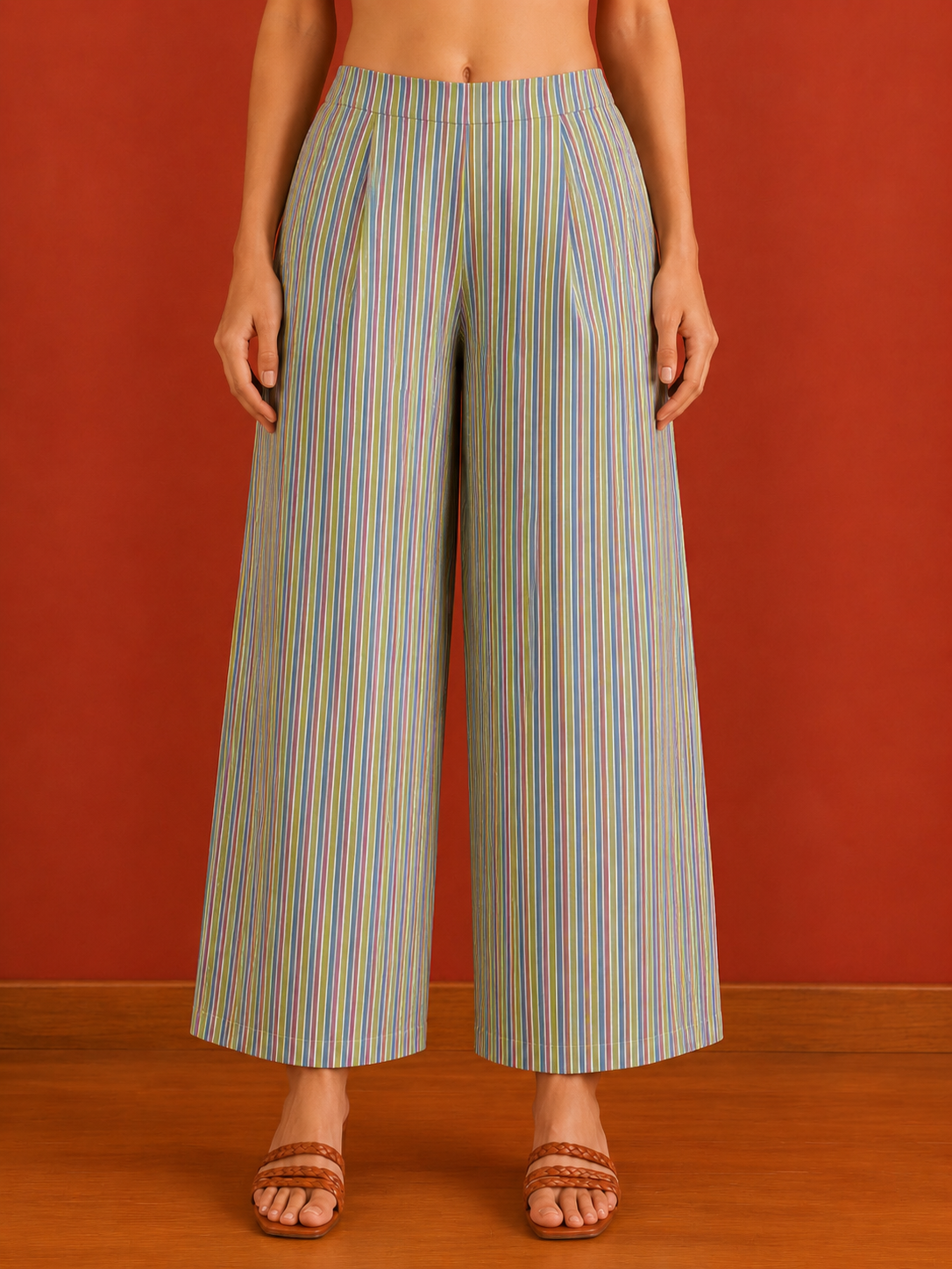 Green Striped Cotton Printed Kurta Set