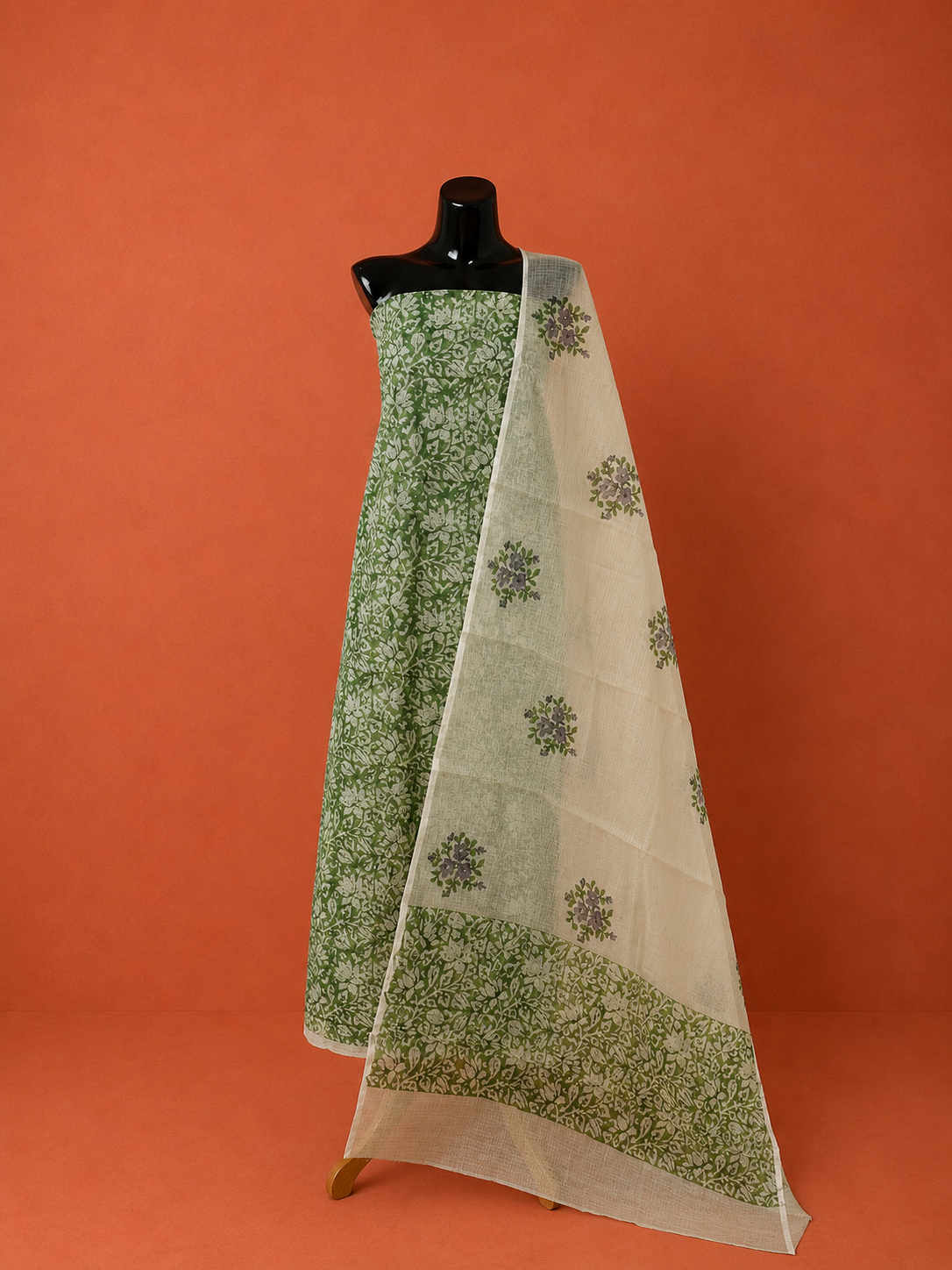 Green Kota Doria Block Print 2Pc Dress Material