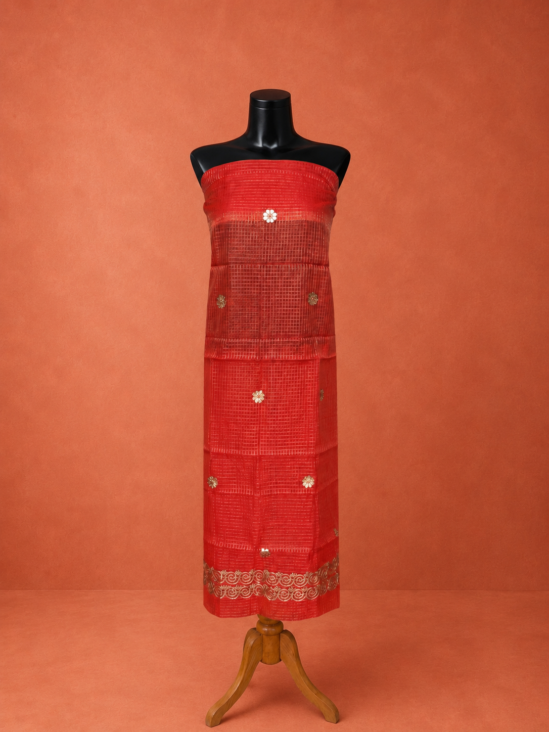 Red Kota Doria Embroidered 2 Pc Dress Material