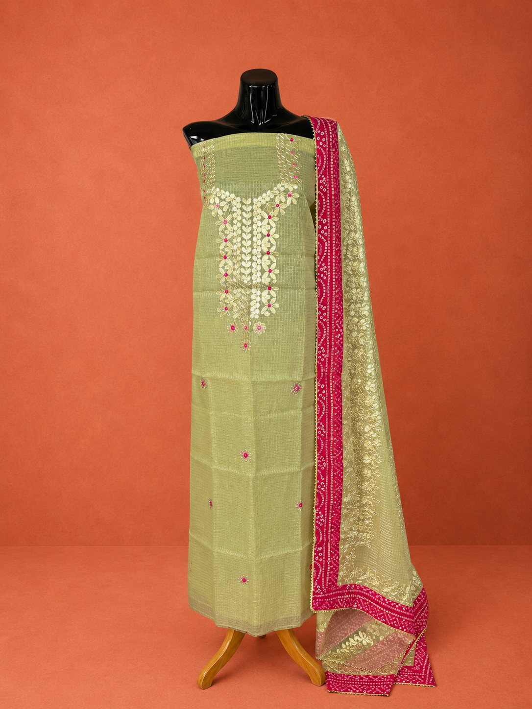 Green Kota Doria Embroidered 2 Pc Dress Material