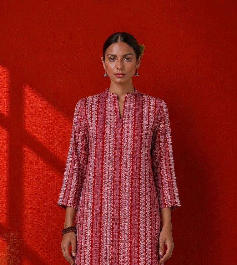 Red Cotton Printed Kurta Set