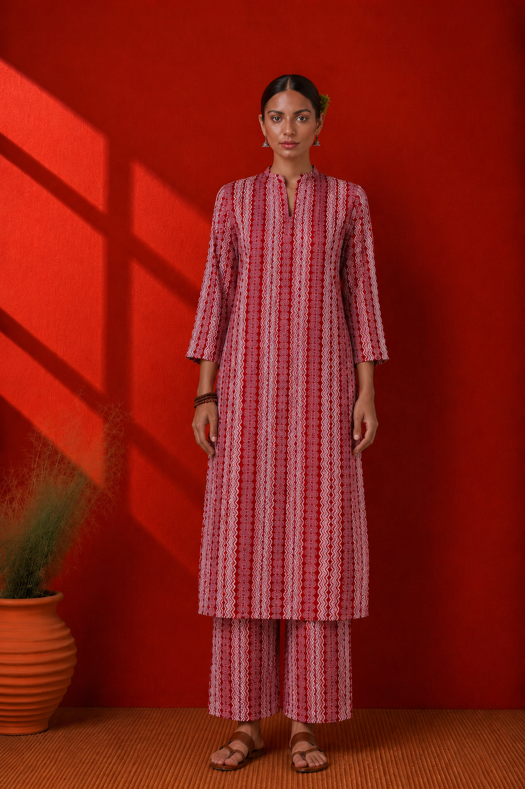 Red Cotton Printed Kurta Set