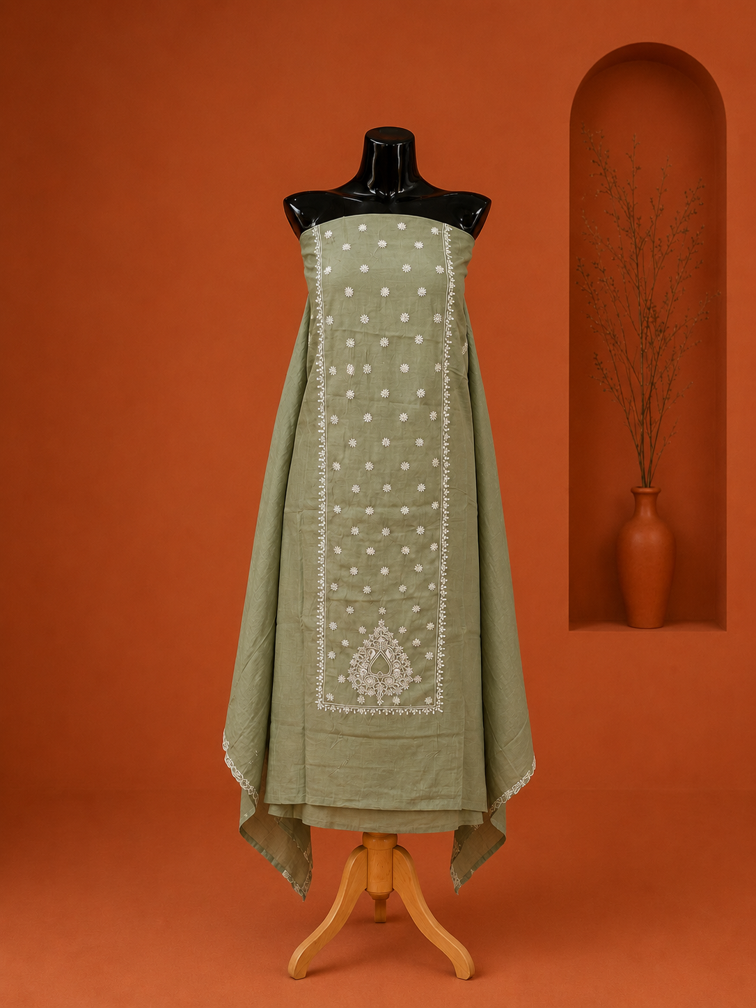 Green Chanderi Chikankari 2 Pc Dress Material