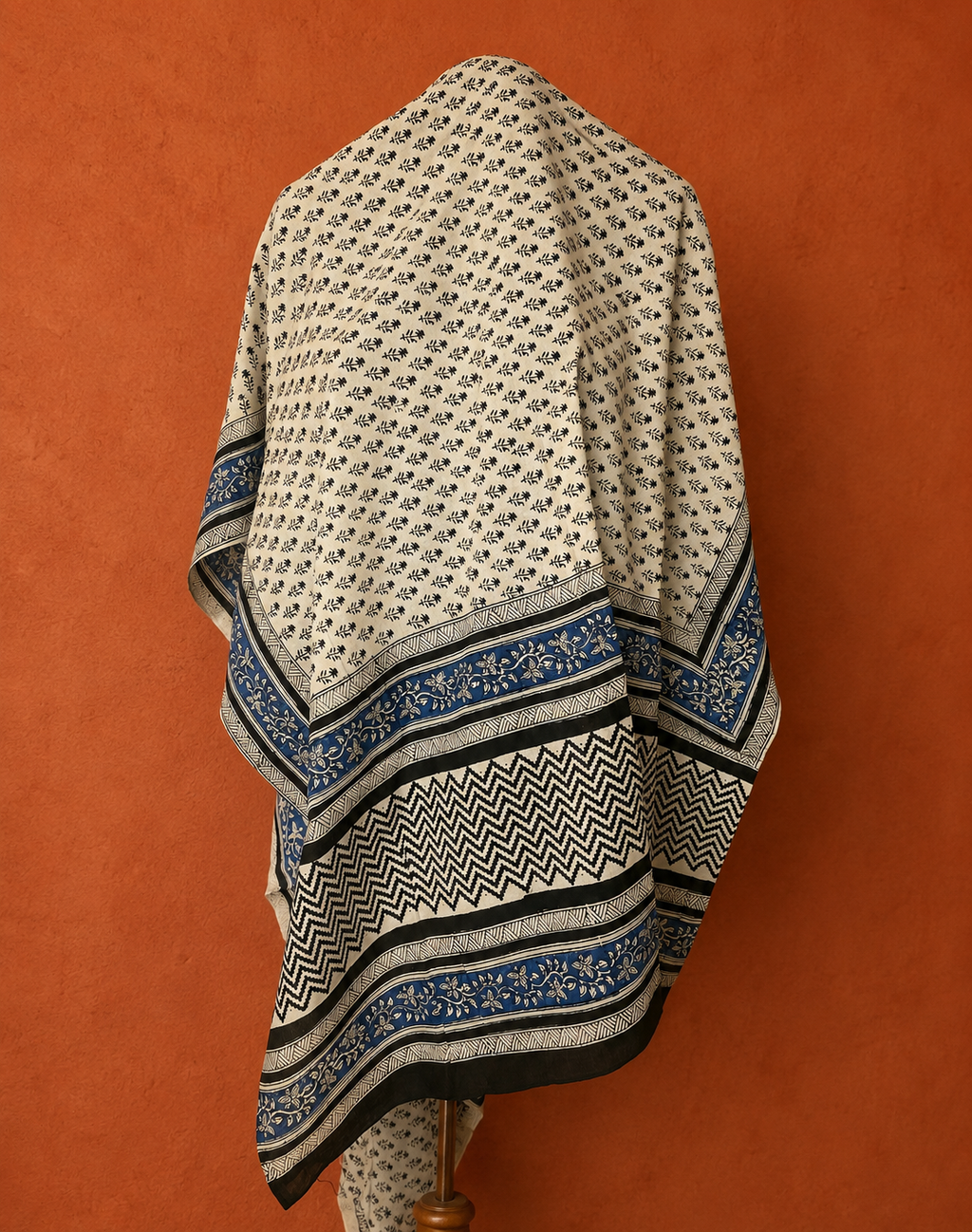 Beige & Indigo Bagru Hand Block Print Cotton Dupatta