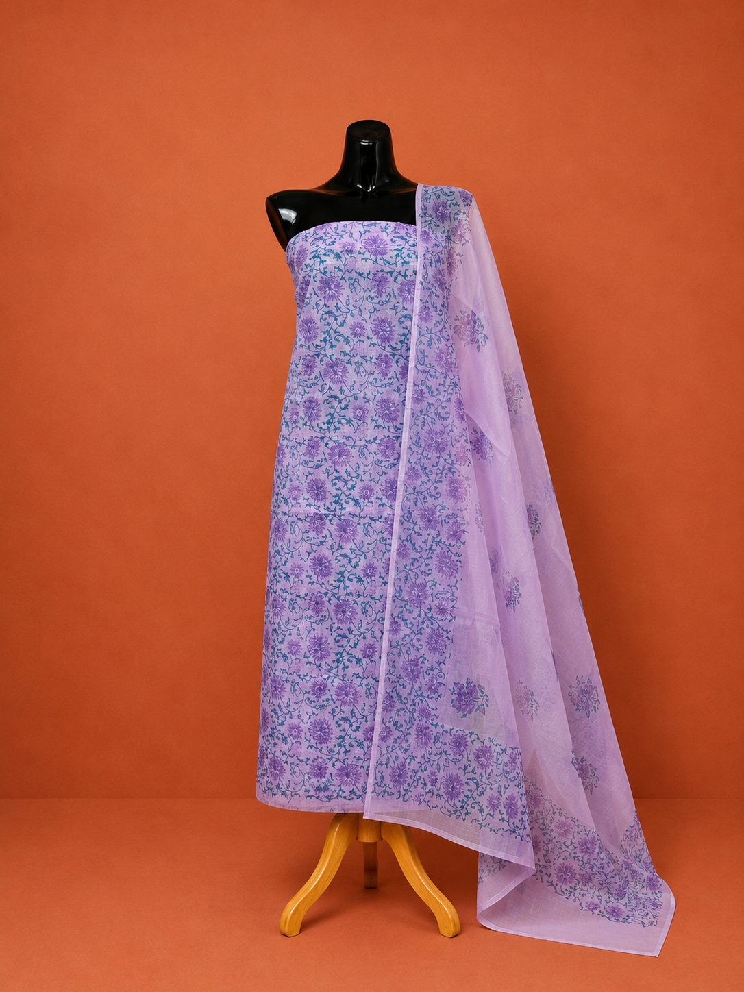 Purple Kota Doria Block Print 2 Pc Dress Material