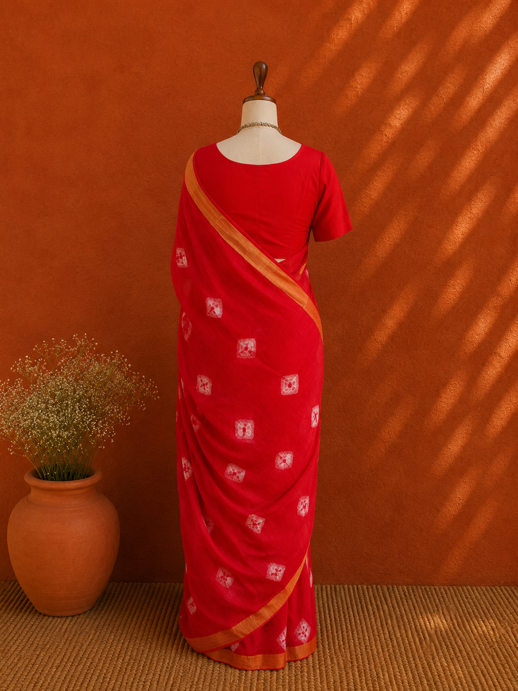 Red Bhandani Kota Doria Sari