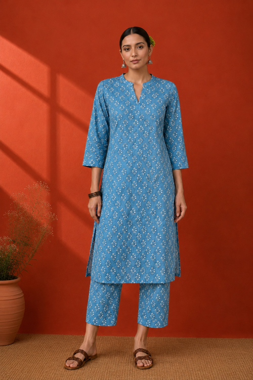 Blue Cotton Printed Kurta Set