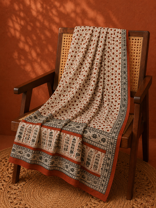 Beige Hand Block Printed Cotton Dupatta with Rust & Black Border