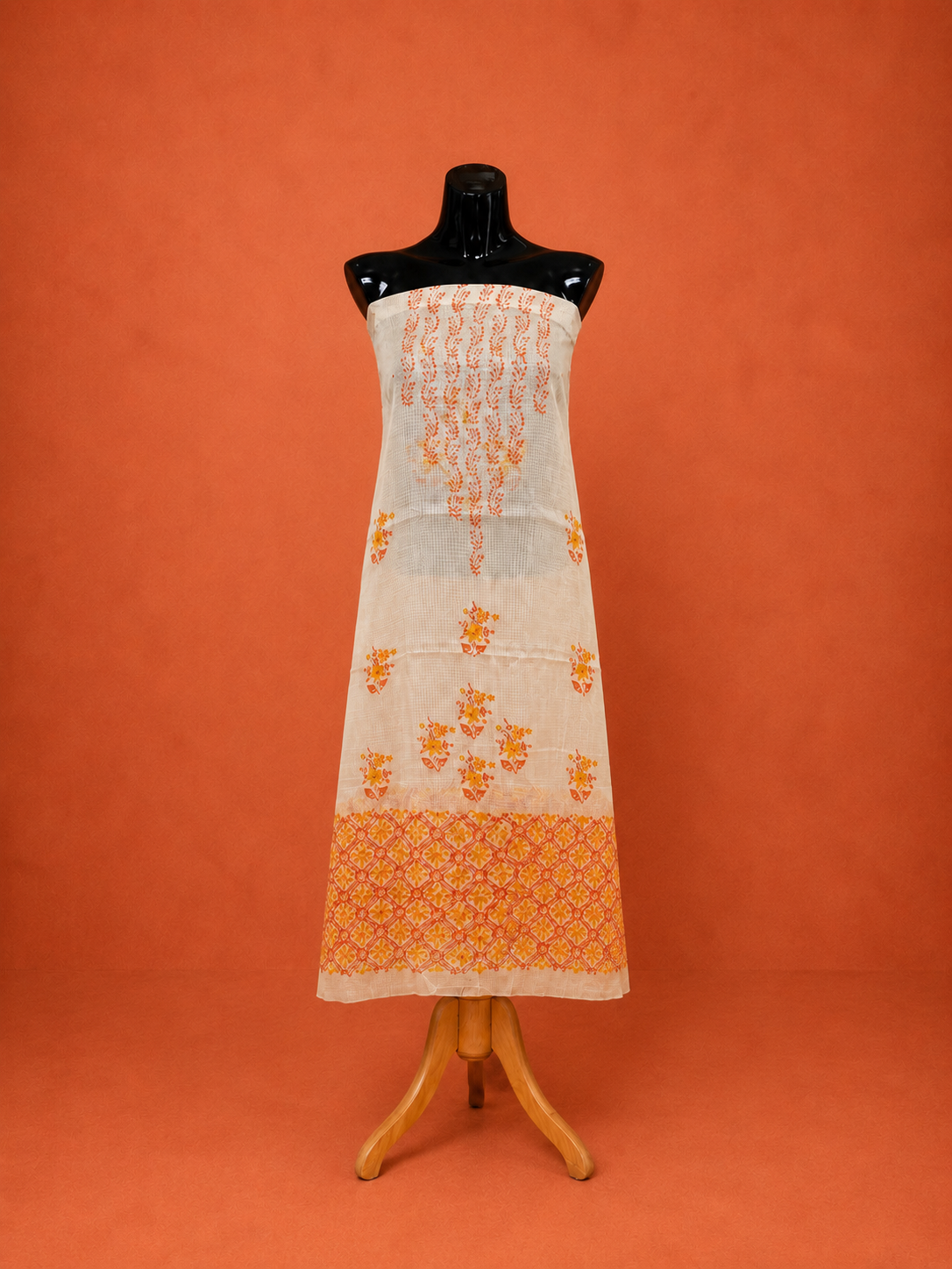 Orange Kota Doria Block Print 2 Pc Dress Material