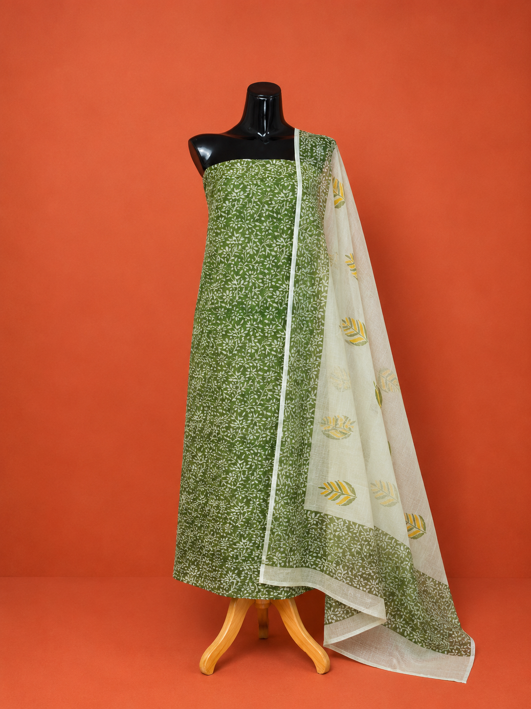 Green Kota Doria Block Print 2 Pc Dress Material