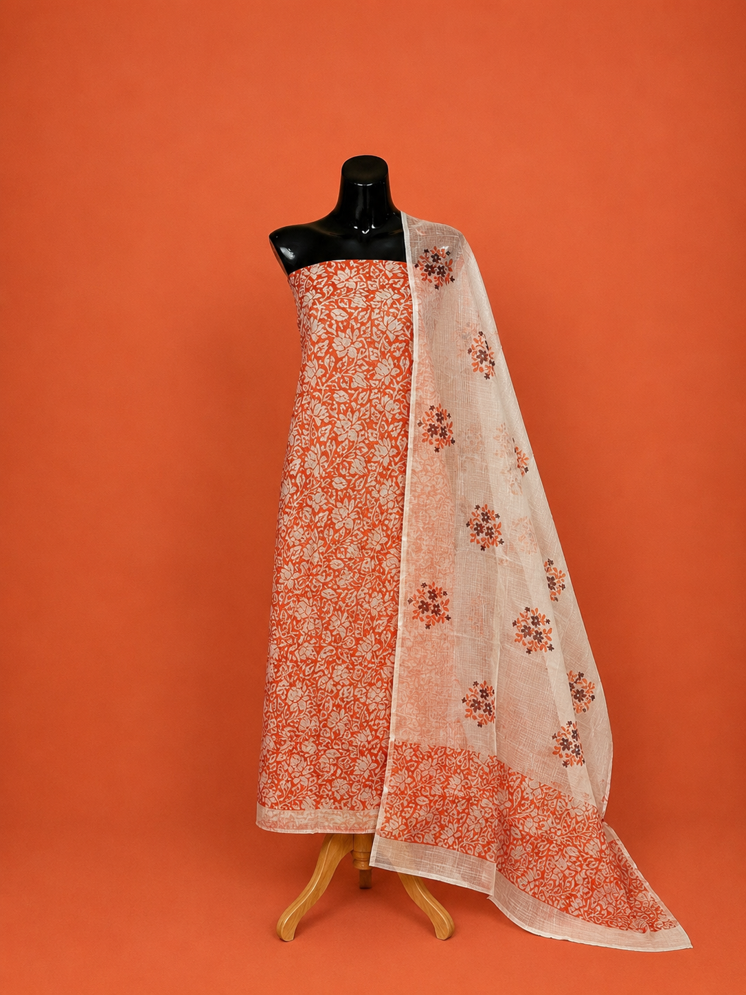 Red Kota Doria Block Print 2 Pc Dress Material