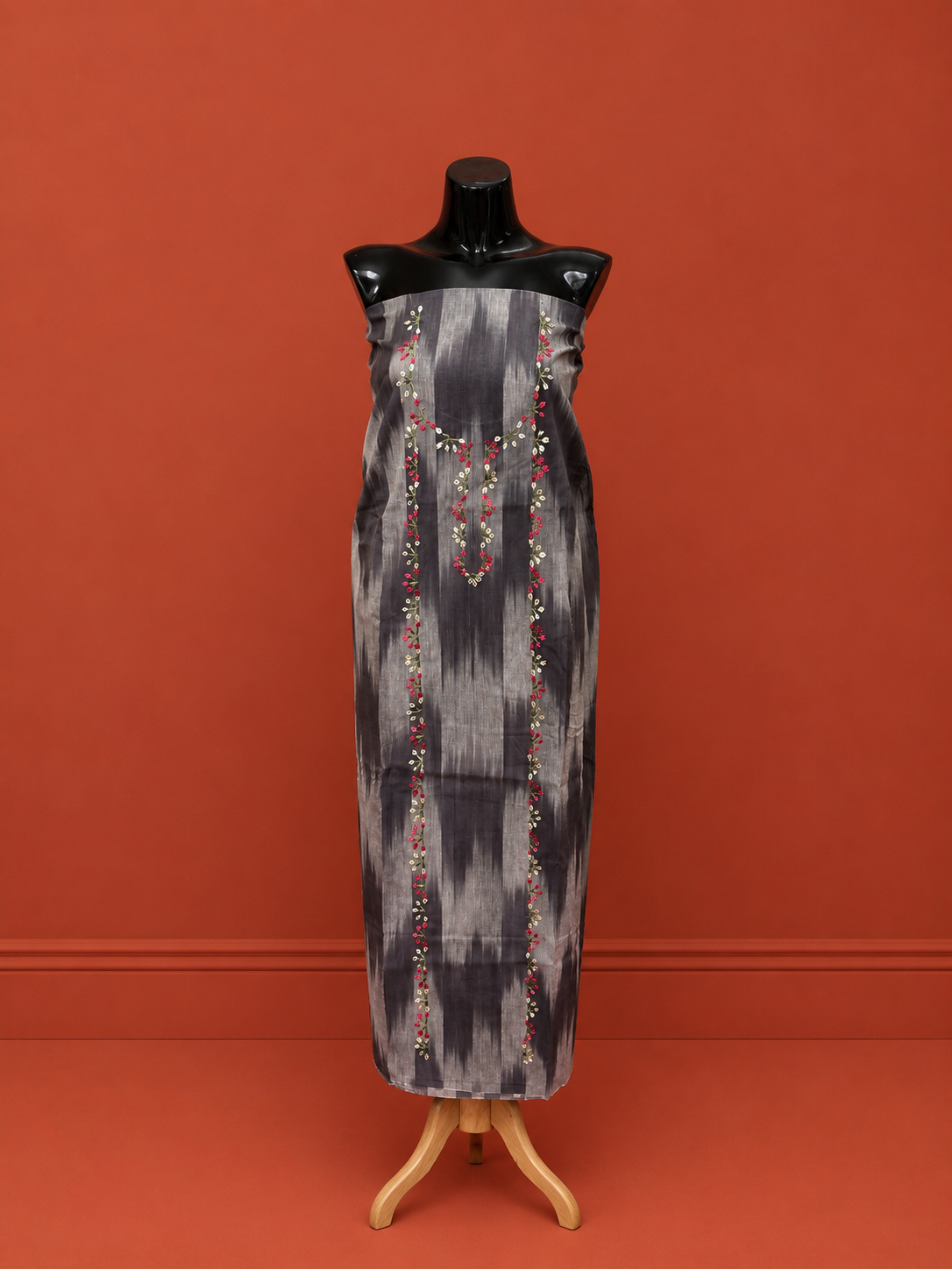 Grey Ikat Embroidered 3 Pc Dress Material