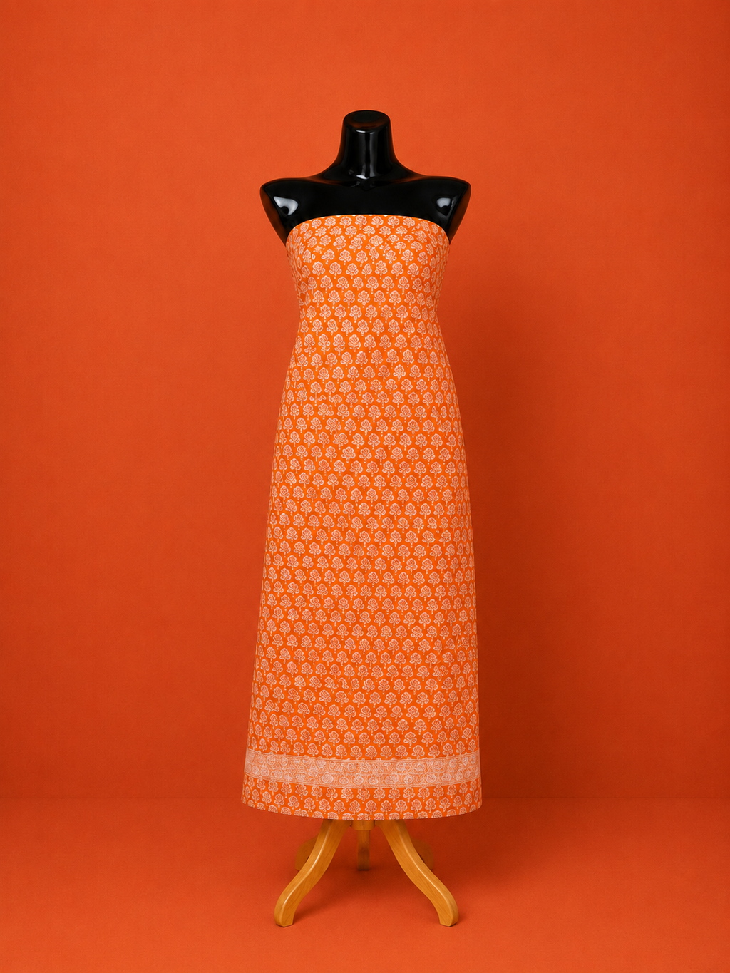 Orange Kota Doria Block Print 2 Pc Dress Material