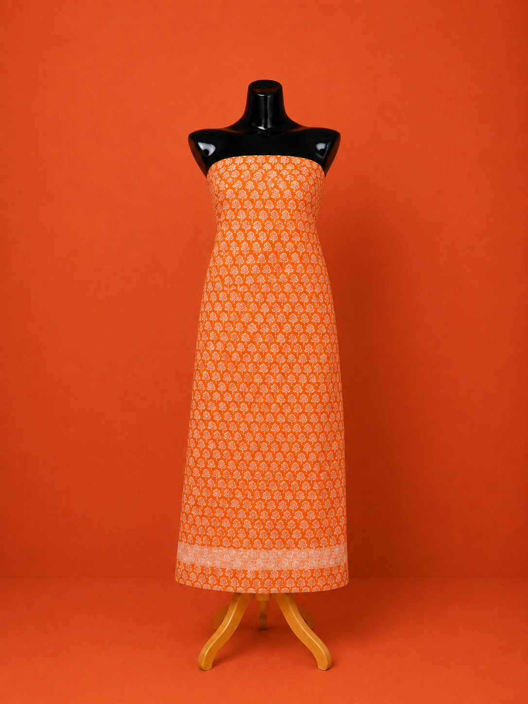 Orange Kota Doria Block Print 2 Pc Dress Material