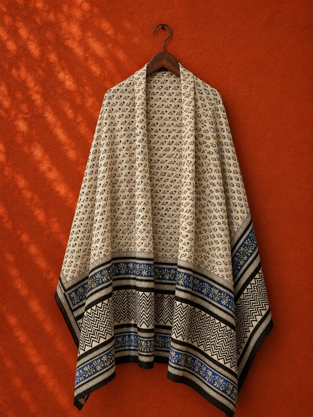 Beige & Indigo Bagru Hand Block Print Cotton Dupatta