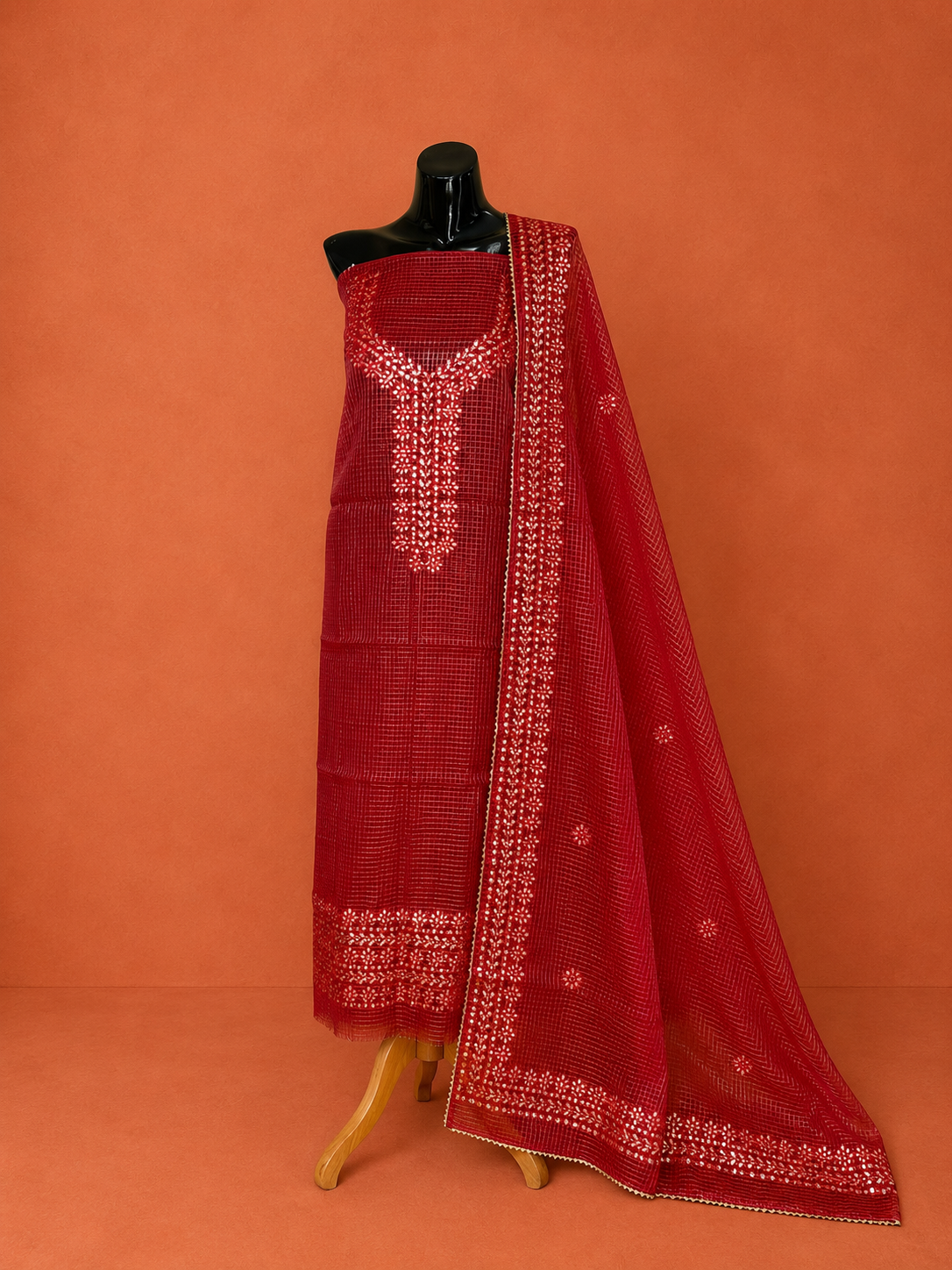 Red Kota Doria Embroidered 2 Pc Dress Material