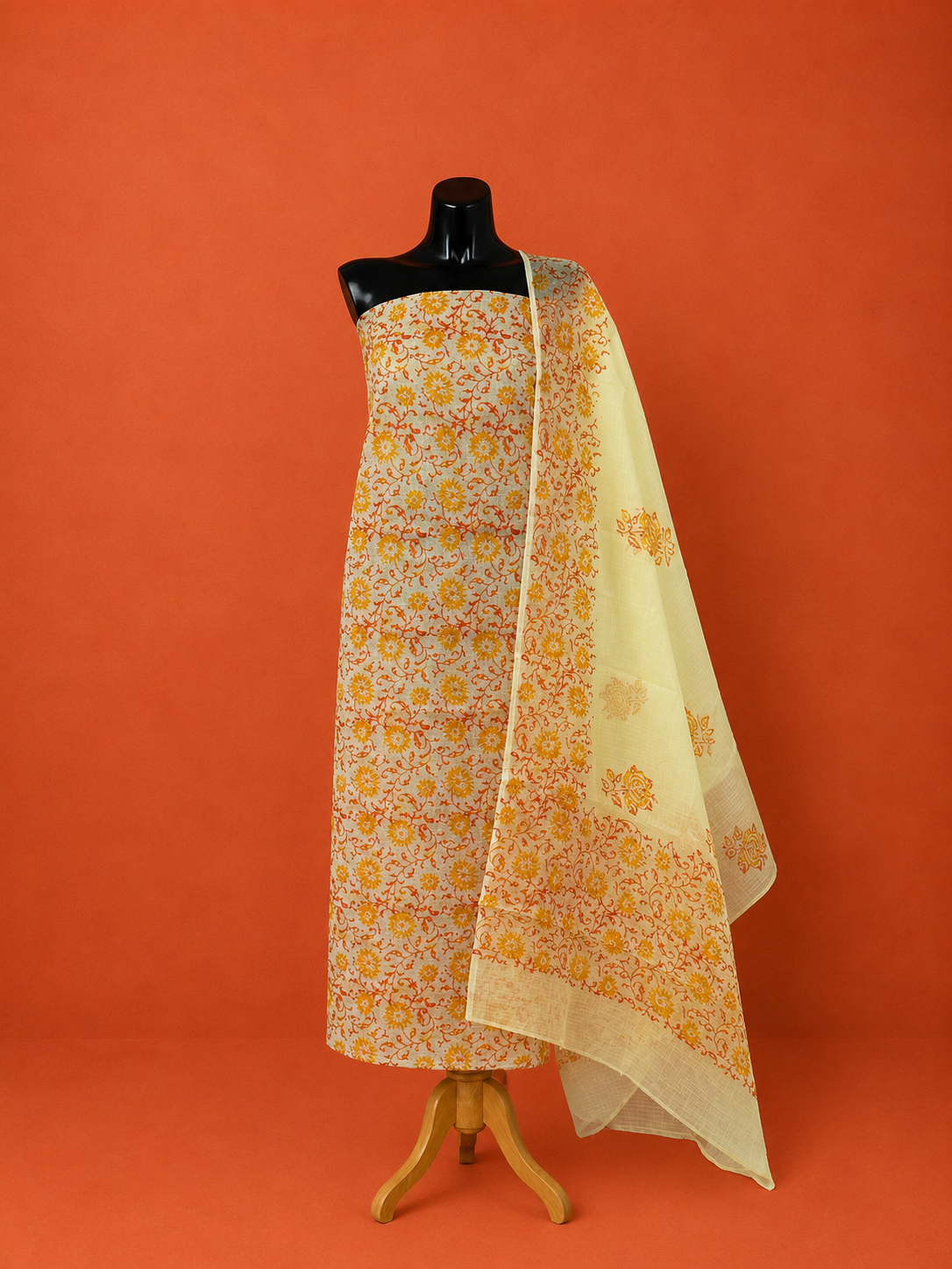 Orange Kota Doria Block Print 2Pc Dress Material