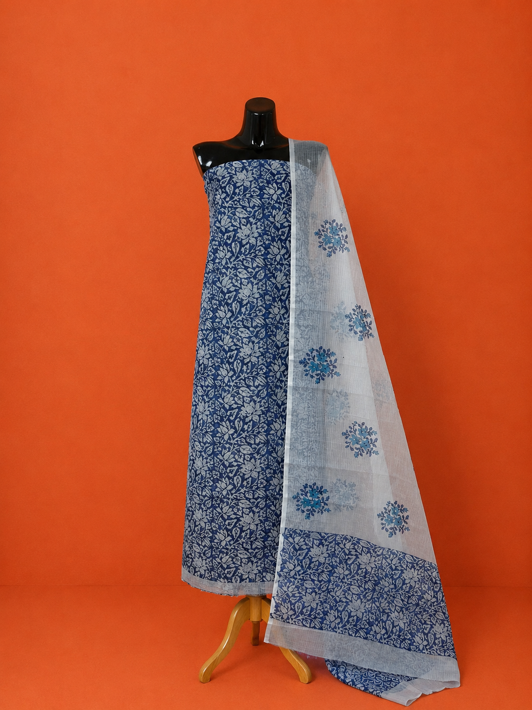 Grey Kota Doria Block Print 2 Pc Dress Material