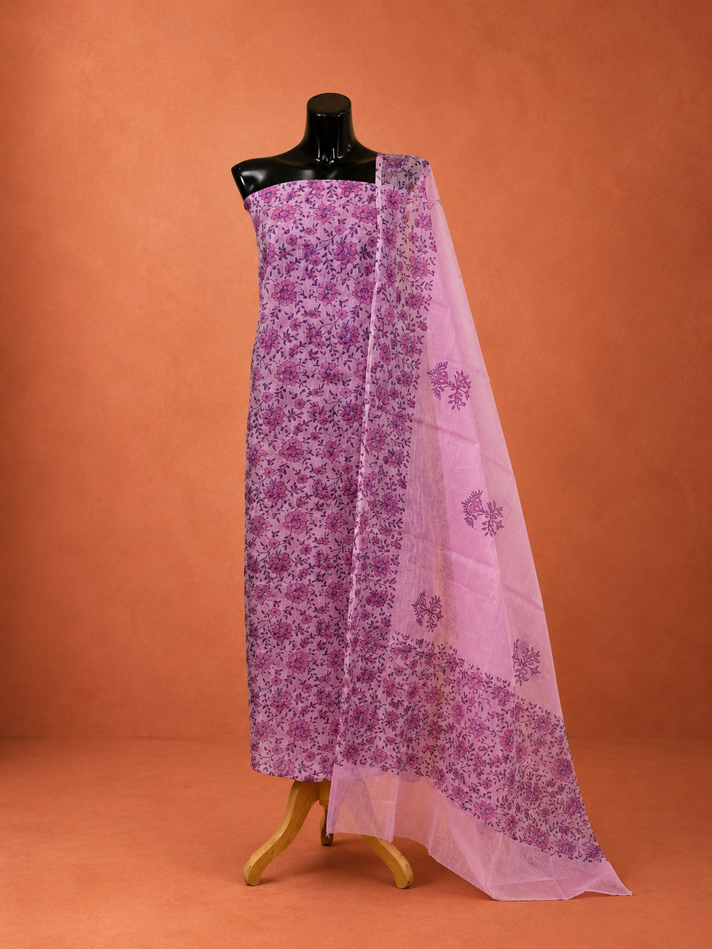 Purple Kota Doria Block Print 2 Pc Dress Material