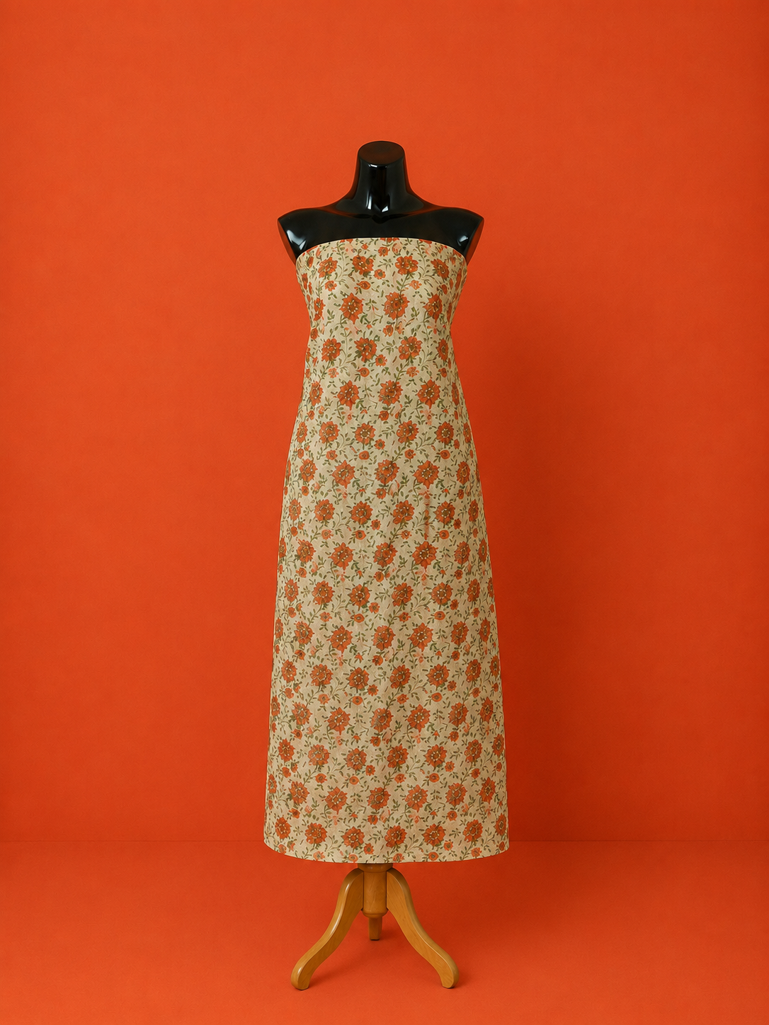Orange Kota Doria Block Print 2 Pc Dress Material