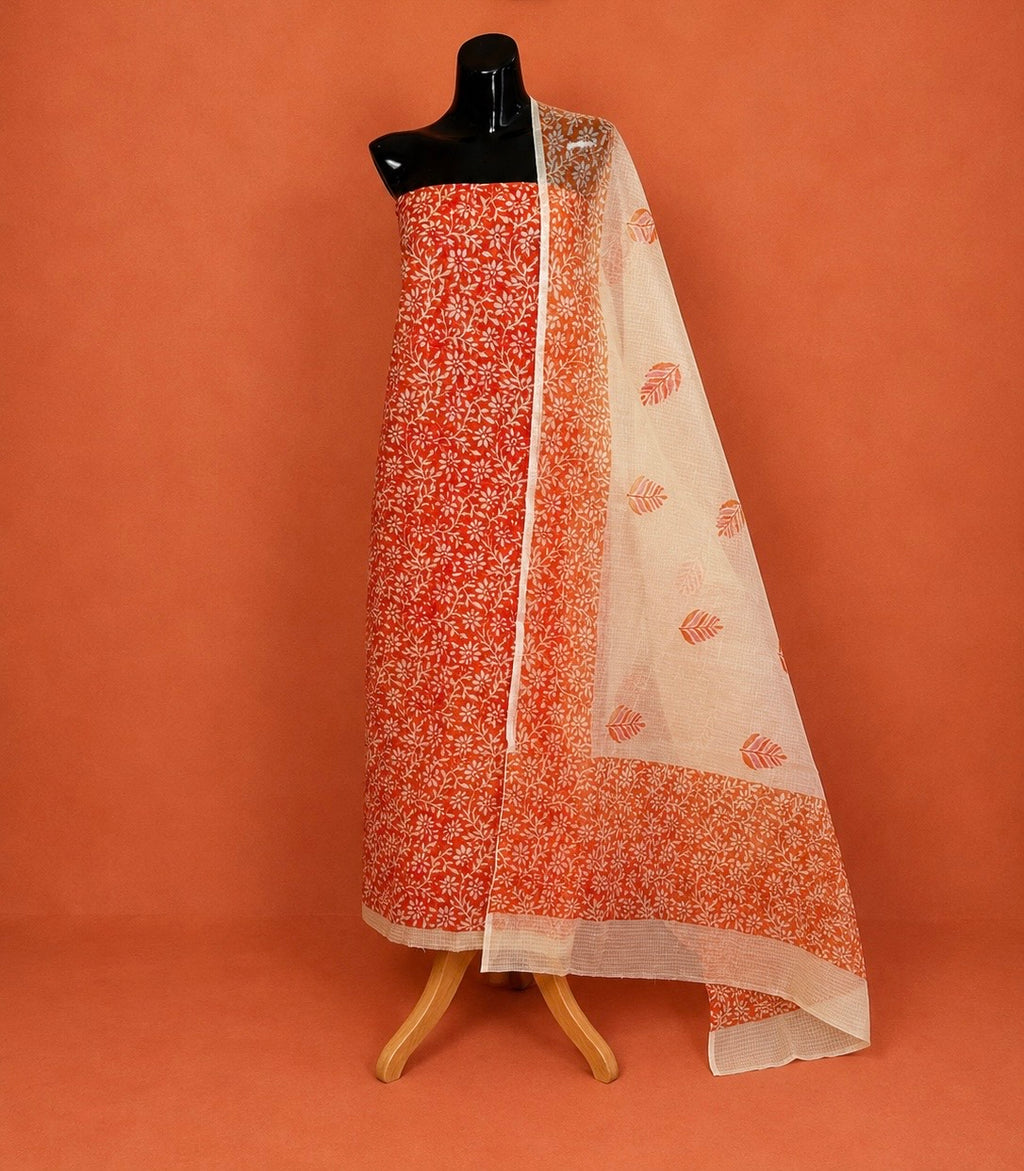 Red Kota Doria Block Print 2 Pc Dress Material