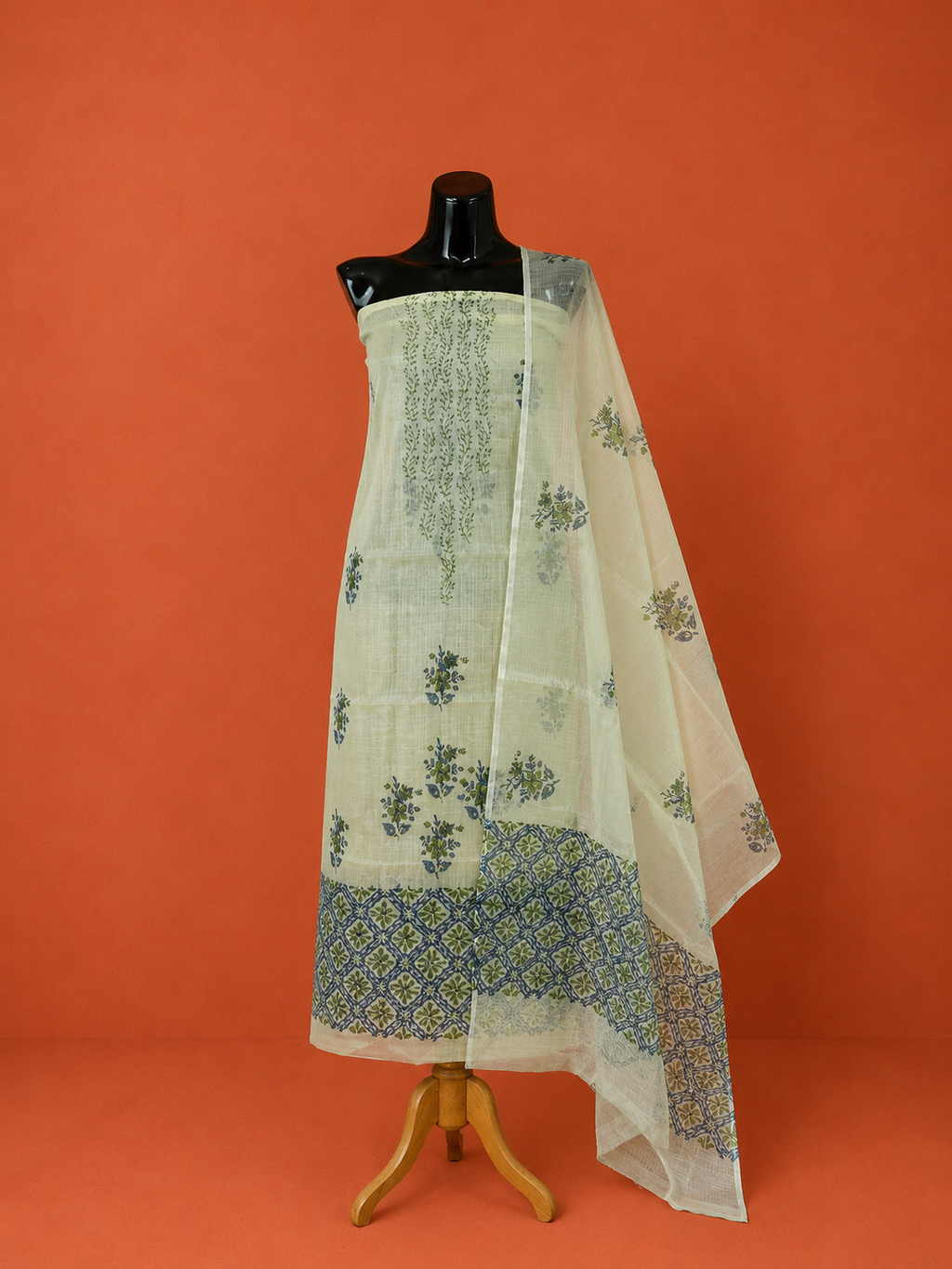 Green Kota Doria Block Print 2Pc Dress Material