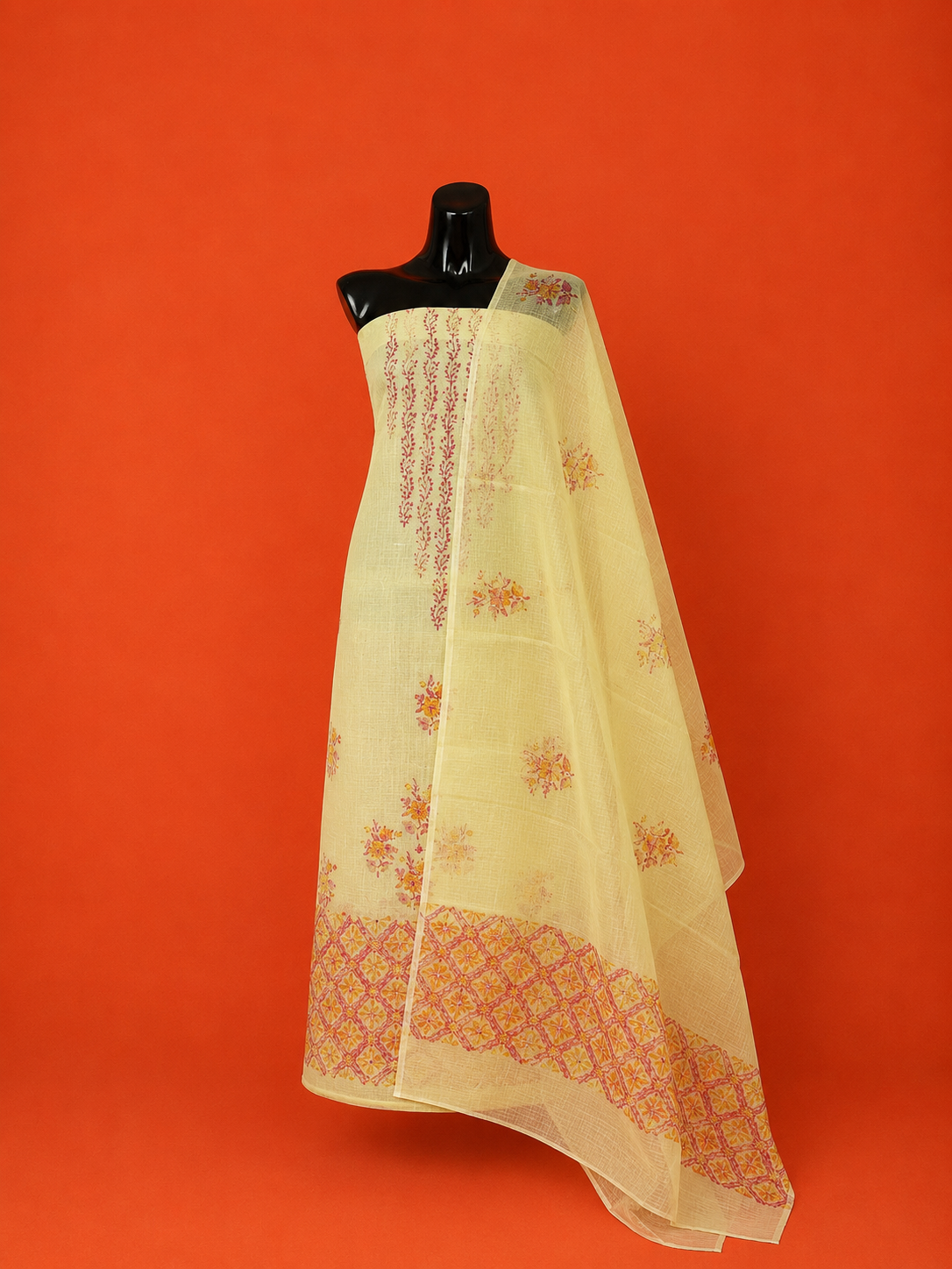 Orange Kota Doria Block Print 2 Pc Dress Material