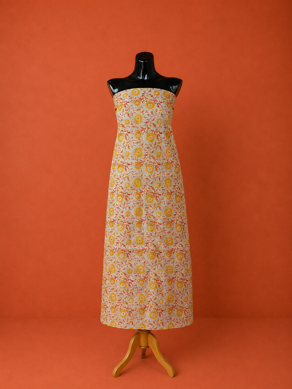Orange Kota Doria Block Print 2Pc Dress Material