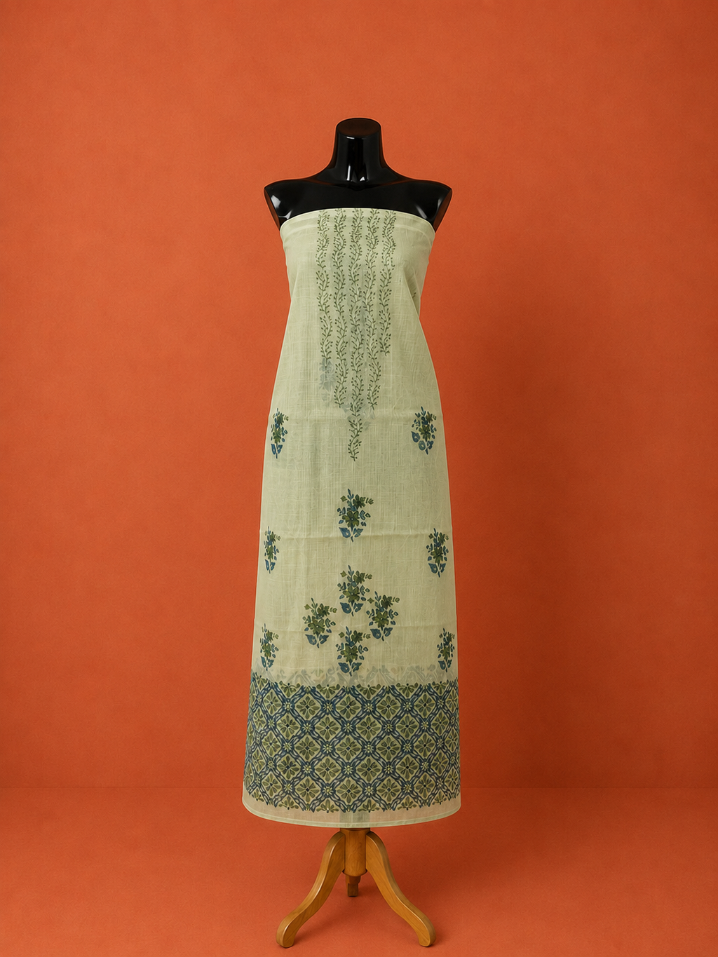 Green Kota Doria Block Print 2Pc Dress Material