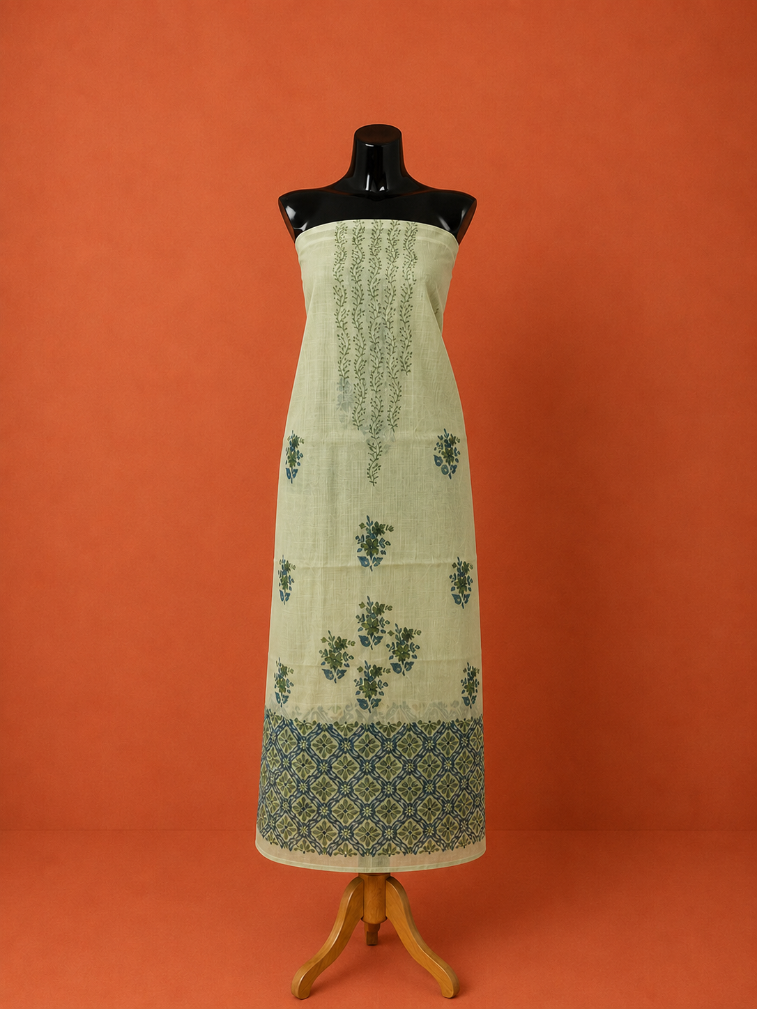 Green Kota Doria Block Print 2Pc Dress Material